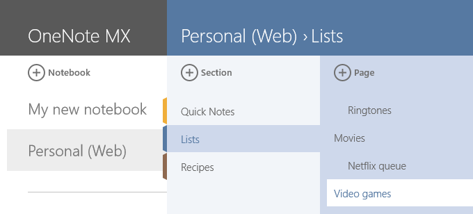 OneNote MX navigation pane